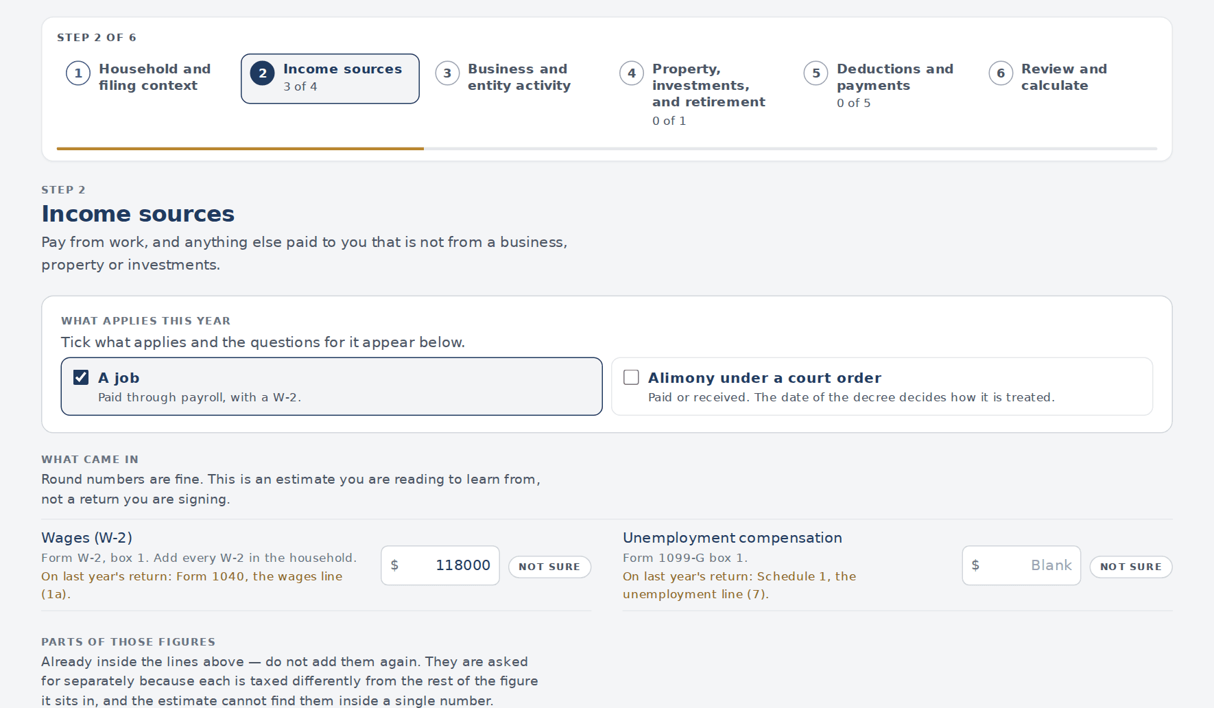 The Tax Planner on its second step, Income sources, with a progress indicator across six steps, a ticked box for a job, and a wages figure entered.